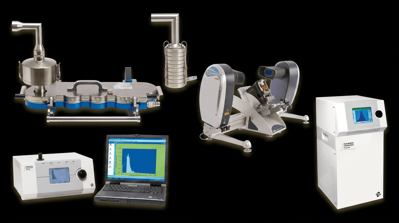 Multi-instrument PSD array — Malvern Spraytec, TSI FMPS, APS, Andersen cascade impactor, and NGI